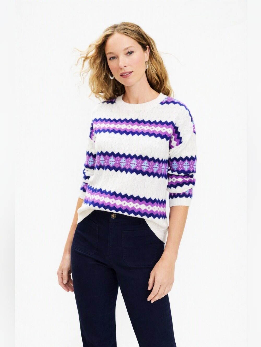 Loft White Cable Knit Sweater - Purple Navy Fair Isle Chevron Pattern - L - NWT